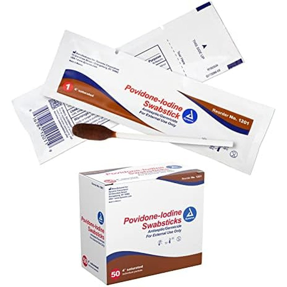 Dynarex Povidone Iodine Swabsticks front view box of 50 antiseptic applicators