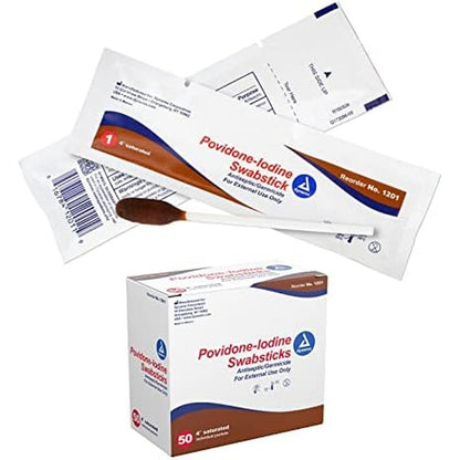 Dynarex Povidone Iodine Swabsticks front view box of 50 antiseptic applicators