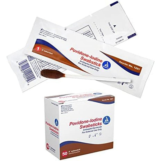 Dynarex Povidone Iodine Swabsticks front view box of 50 antiseptic applicators