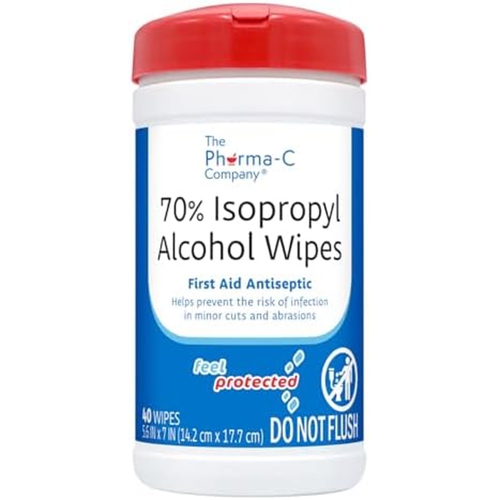 The Pharma-C Company 70 Percent Isopropyl Alcohol Wipes canister front view for first aid antiseptic use.
