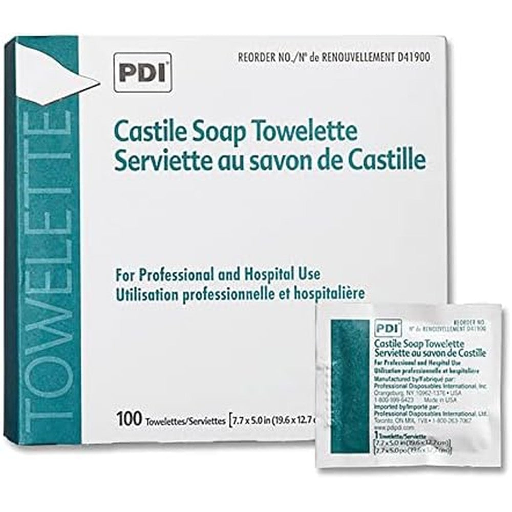 PDI D41900 Castile Soap Towelette 100 count box front view for medical hygiene.