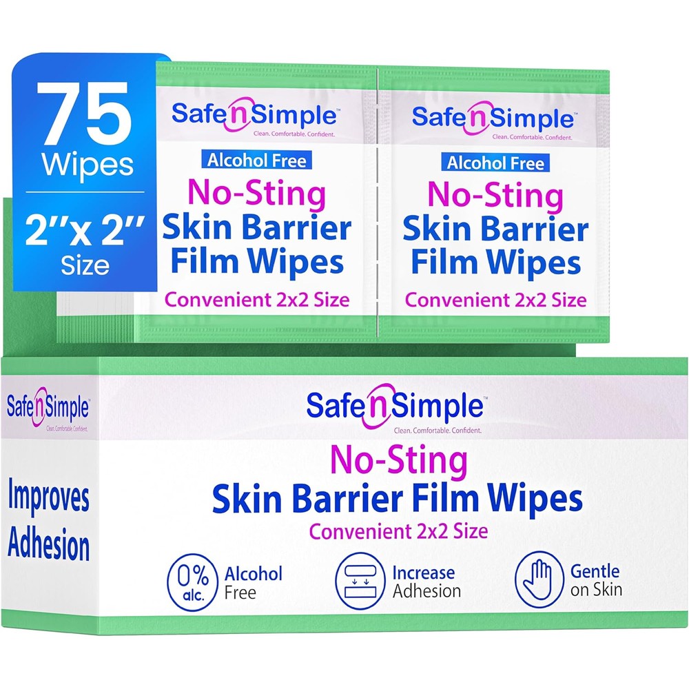 Safe n' Simple No Sting Skin Barrier Film Wipes front box view for ostomy protection