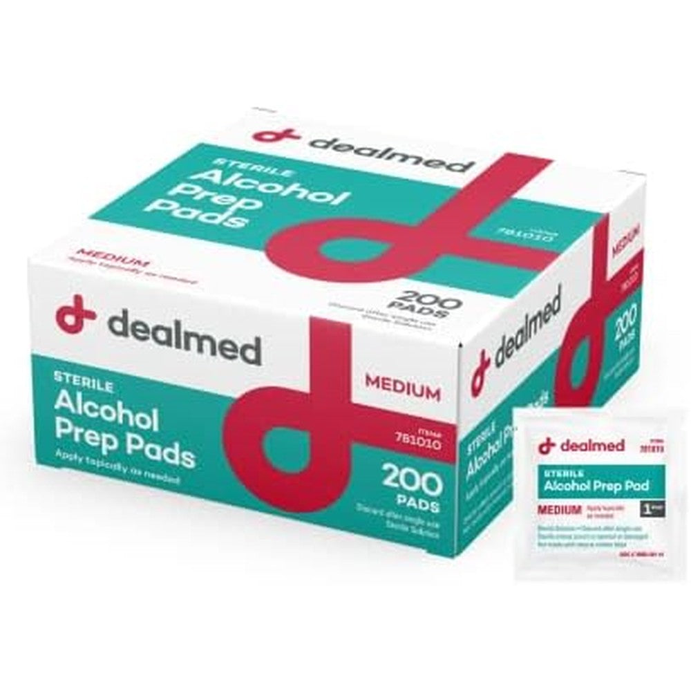Dealmed Sterile Alcohol Prep Pads 200 count box front view medical wipes