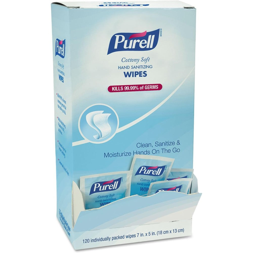 Purell Cottony Soft Individually Wrapped Hand Sanitizing Wipes 120 count box front view for portable hygiene.