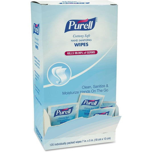 Purell Cottony Soft Individually Wrapped Hand Sanitizing Wipes 120 count box front view for portable hygiene.