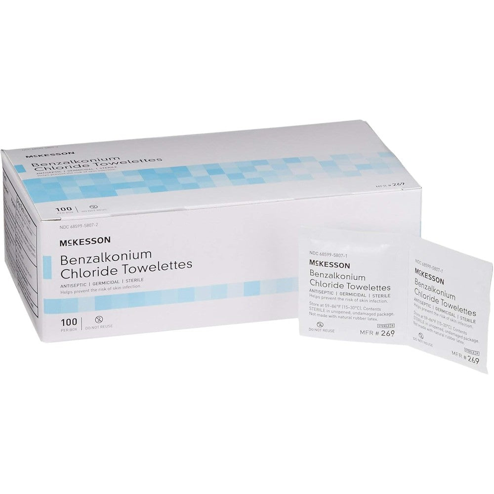 McKesson Benzalkonium Chloride Towelettes 100 pack front box view antiseptic wipes