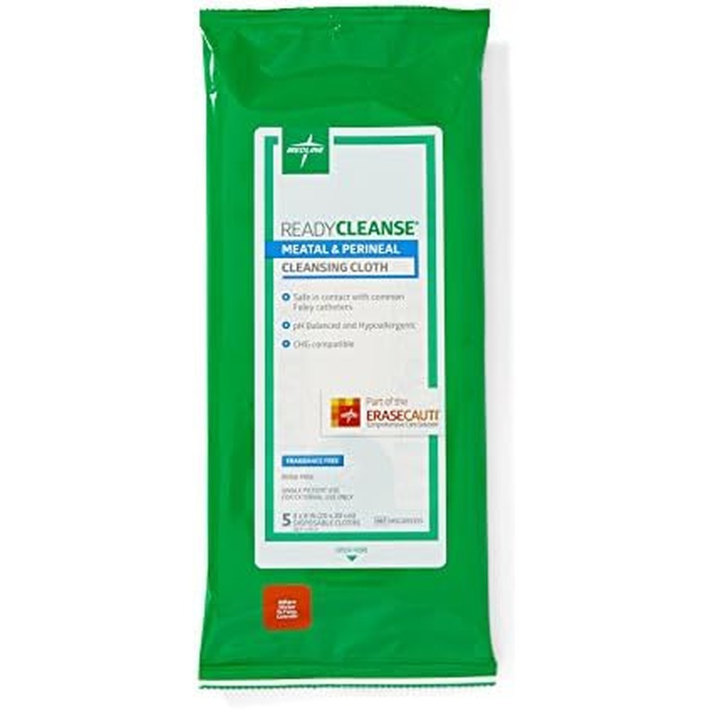 Medline ReadyCleanse Meatal and Perineal Cleansing Cloth front packaging for catheter care.