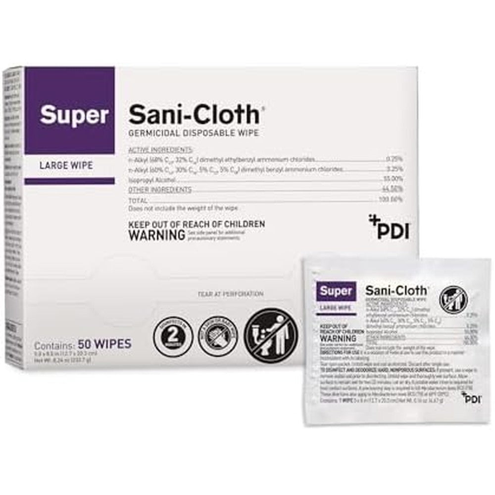 PDI Super Sani-Cloth individual packet front view medical disinfectant wipes.
