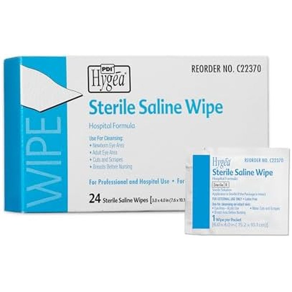 PDI Hygea Sterile Saline Wipe box of 24 packets front view medical grade wound care.