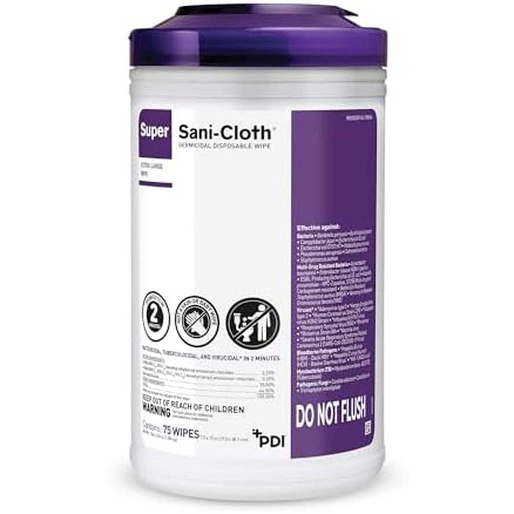 PDI Super Sani-Cloth Germicidal Wipes canister front view for surface disinfection.