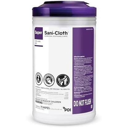 PDI Super Sani-Cloth Germicidal Wipes canister front view for surface disinfection.