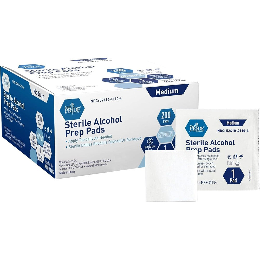 Med Pride Sterile Alcohol Prep Pads front view 200 count box for medical sanitization.