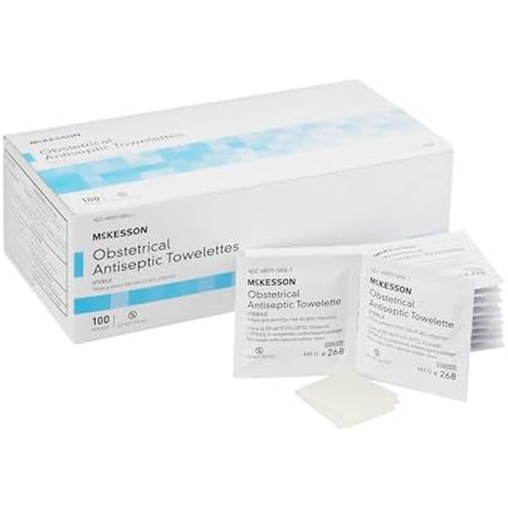 McKesson Obstetrical Antiseptic Towelettes 100 count box front view for sterile skin cleansing.