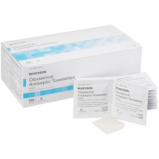 McKesson Obstetrical Antiseptic Towelettes 100 count box front view for sterile skin cleansing.