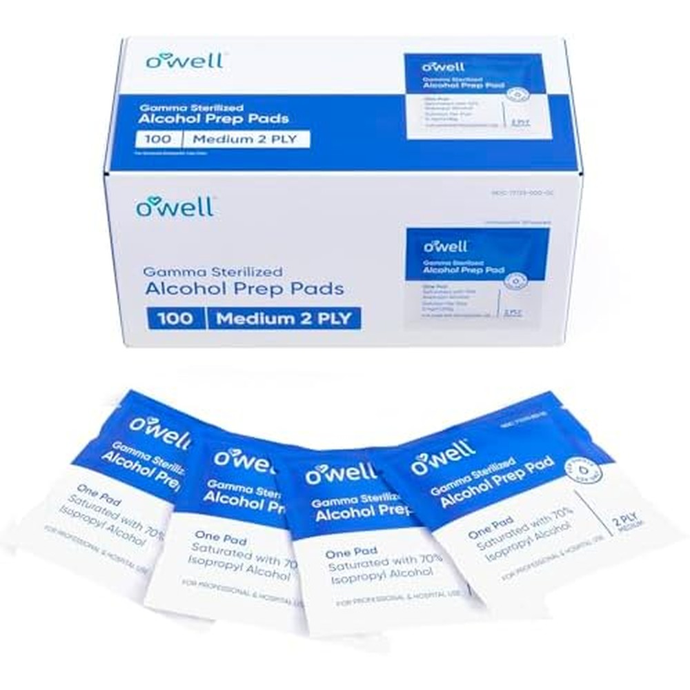 OWELL Prep Pads box front view showing 100 sterile alcohol wipes for first aid.