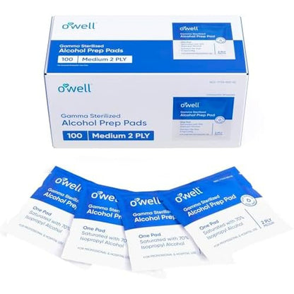 OWELL Prep Pads box front view showing 100 sterile alcohol wipes for first aid.