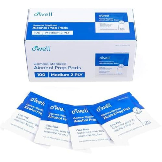 OWELL Prep Pads box front view showing 100 sterile alcohol wipes for first aid.