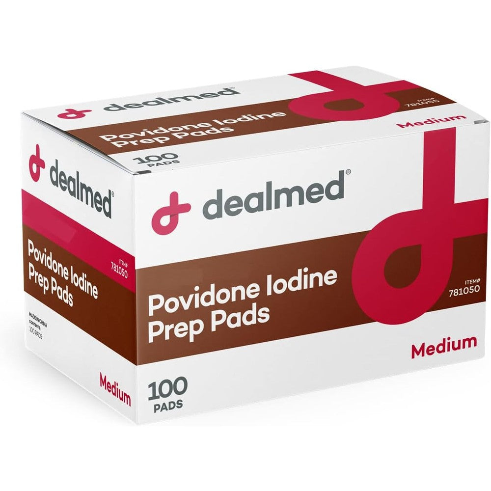 Dealmed Povidone Iodine 10 Percent Prep Pad box front view for wound care.