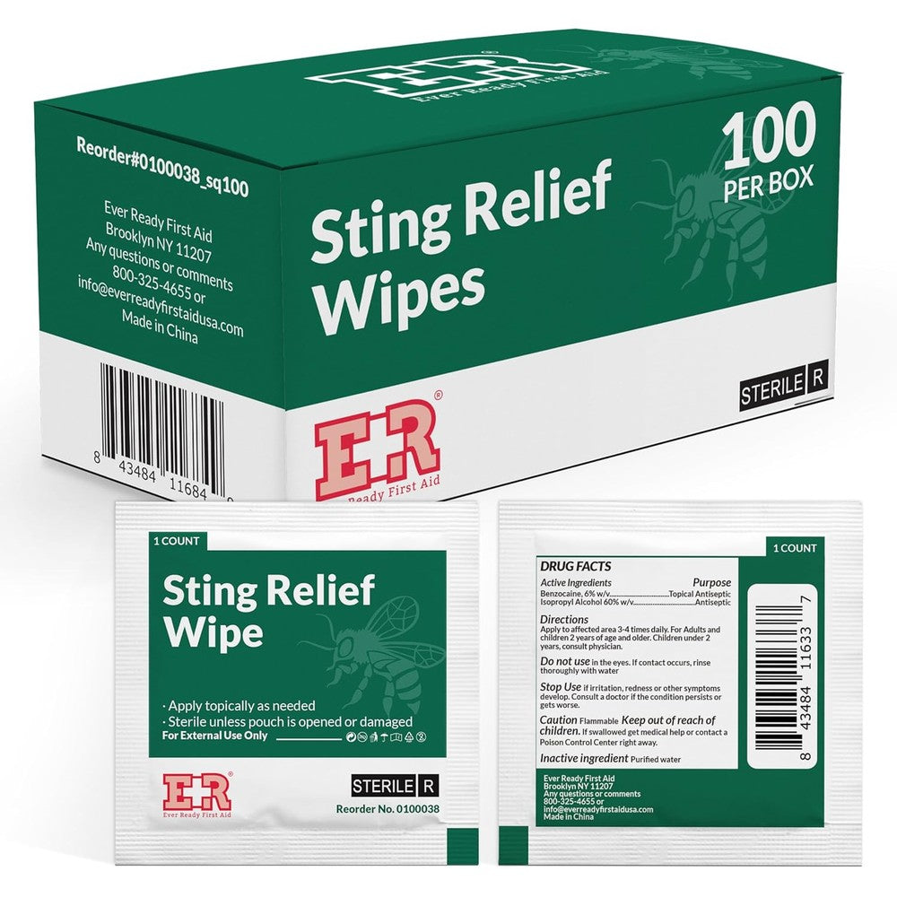 Ever Ready First Aid Sting Relief Wipes 100 count box front view with medicated pads.