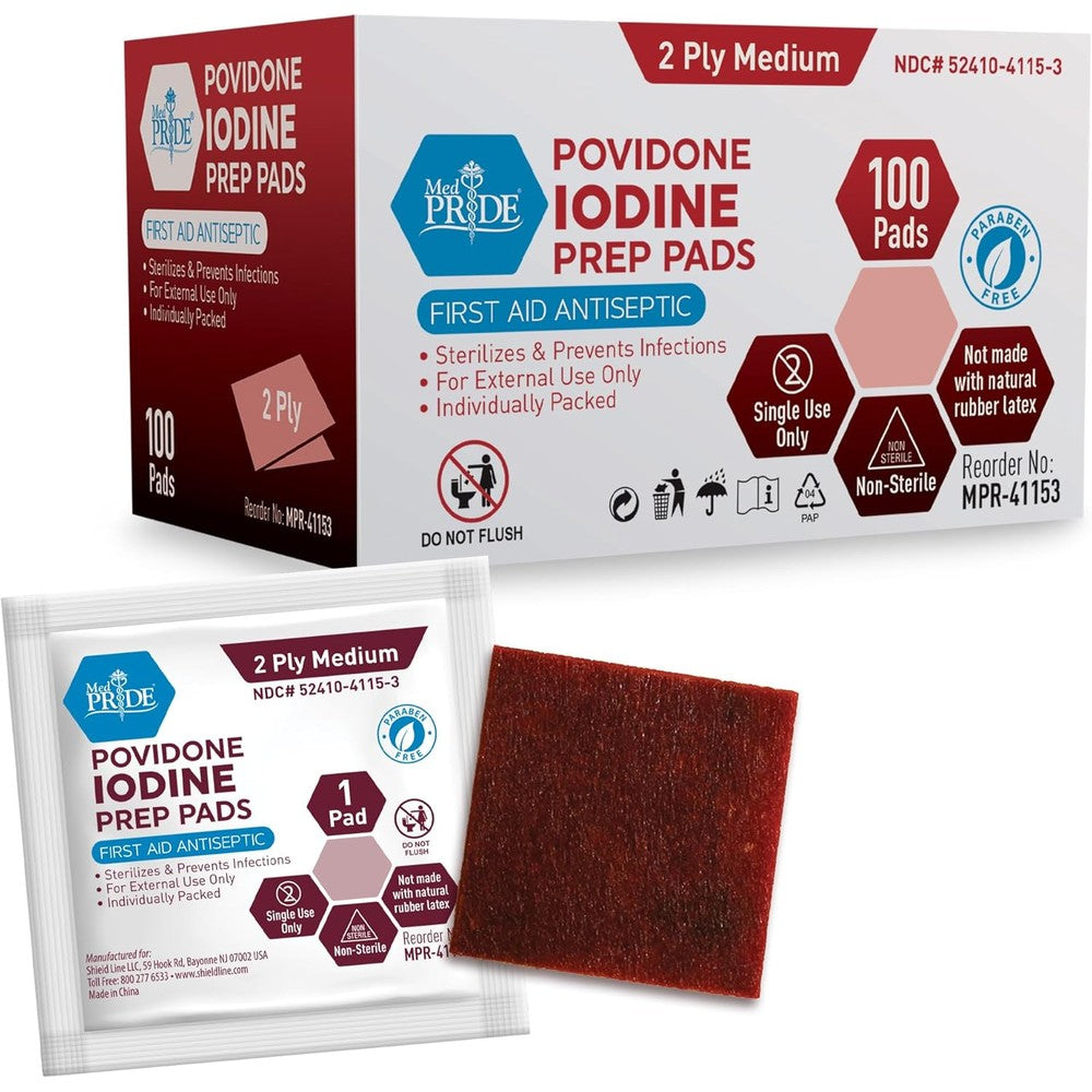 Med Pride Povidone Iodine Prep Pads 100 Count box front view for wound care.
