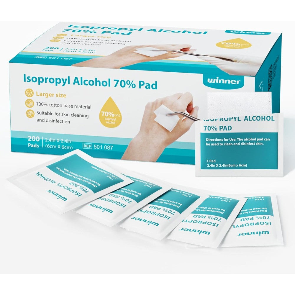 Winner Alcohol Prep Pads 200 count box front view for first aid.
