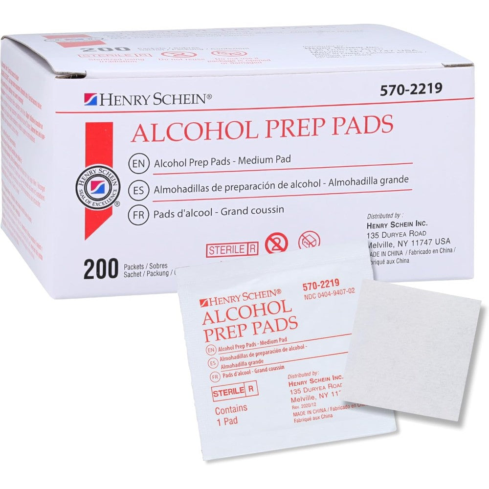 Henry Schein Alcohol Prep Pads 200 count box front view sterile medical wipes