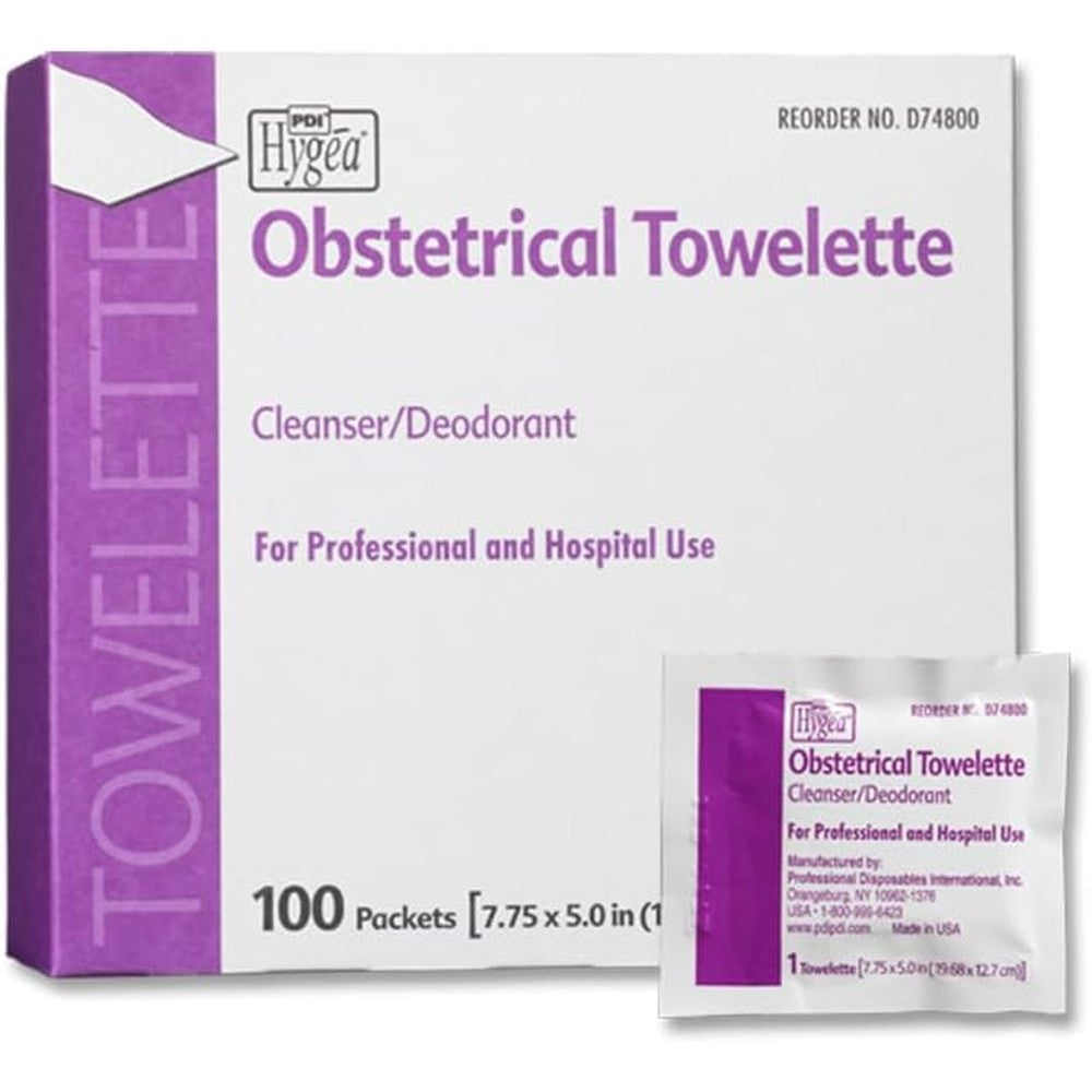 PDI Hygea Obstetrical Towelette 100 count box front view for postpartum hygiene.