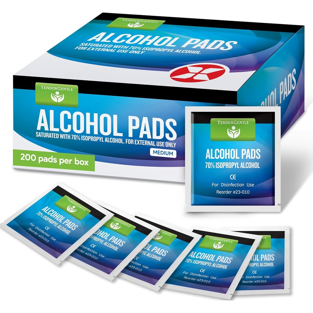 TenderGentle 200 count alcohol prep pads box front view antiseptic wipes.