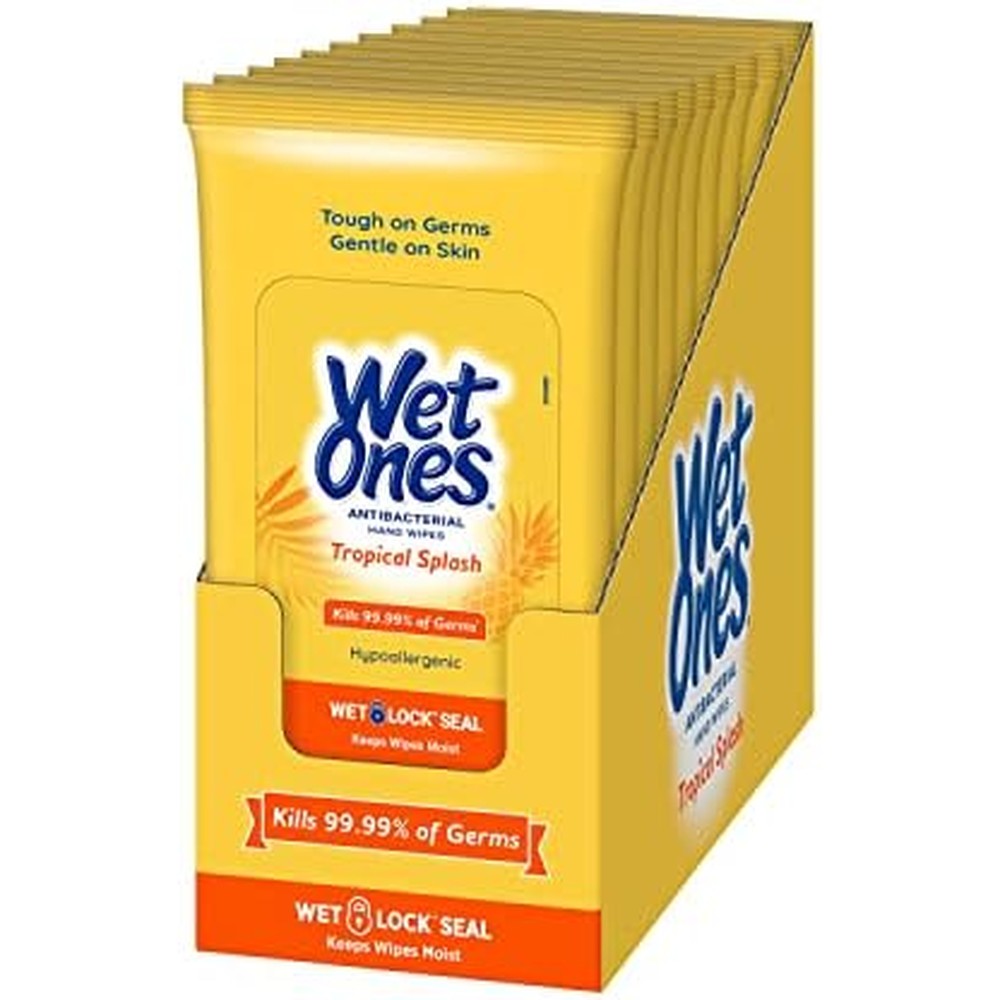 Wet Ones Antibacterial Hand Wipe, Travel Packs- Tropical Splash Scent, 20 Count (Pack of 10), 200 Wipes