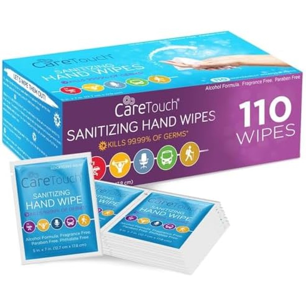 Care Touch Hand Sanitizer Wipes - 110 Hand Wipes Individually Wrapped - Travel Size - Sanitizing Wet Wipes for Home, Office & Outdoor Use