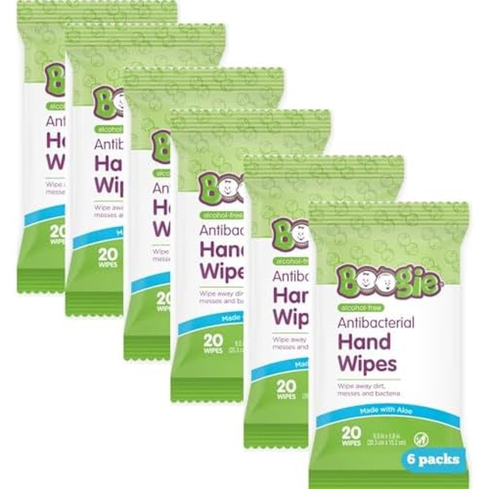 Antibacterial Hand Wipes by Boogie, Alcohol Free, Hypoallergenic and Moisturizing Aloe, Hand Wipes for Kids and Adults, 6 Packs of 20 (120 total wipes)