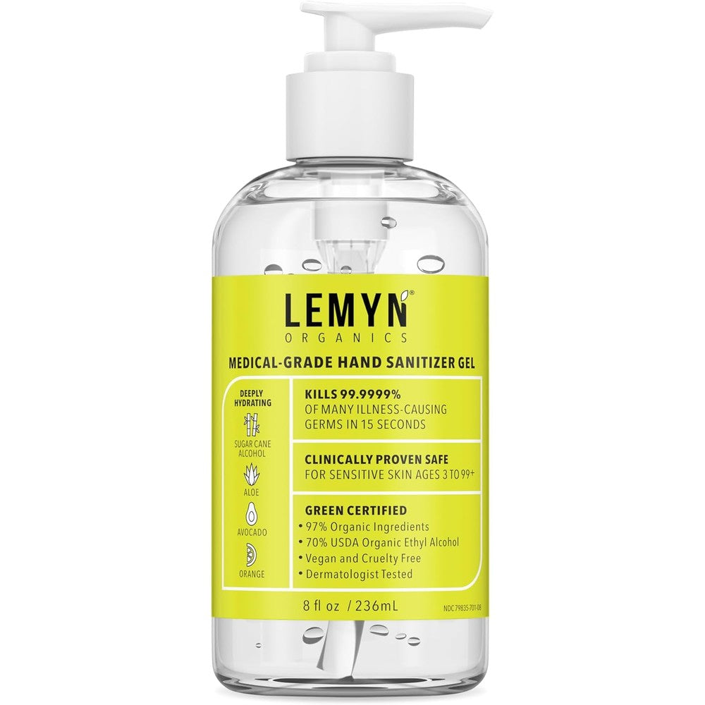 Lemyn Organics Medical‑Grade Hand Sanitizer Gel – 97 % Organic | 70 % USP Ethyl Alcohol | Moisturizing Aloe + Hyaluronic Acid | Freshly Made in USA | 8oz Bottle with Pump