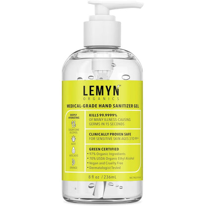 Lemyn Organics Medical‑Grade Hand Sanitizer Gel – 97 % Organic | 70 % USP Ethyl Alcohol | Moisturizing Aloe + Hyaluronic Acid | Freshly Made in USA | 8oz Bottle with Pump