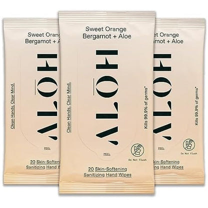ALŌH Sweet Orange Bergamot + Aloe Sanitizing Hand Wipes - Clean Hands, Clear Mind - On The Go Hand Sanitizing Wipes for Kids and Adults - Travel Size 3 Pack 20ct Wipes (60 wipes)