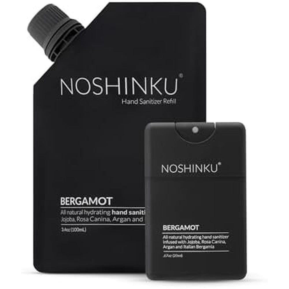 Noshinku Bergamot Pocket Hand Sanitizer Refill Kit: Refill Pouch + Sprayer Bundle | Organic Antibacterial Sanitizing Mist with Moisturizing Oils | FDA Registered | 70% Sugarcane Derived Alcohol