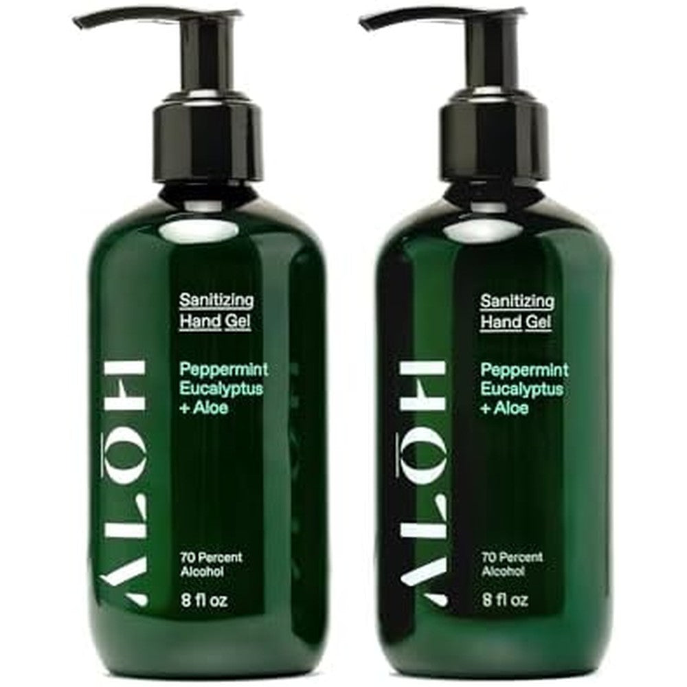 ALŌH Sanitizing Hand Gel 2-pack | Peppermint Eucalyptus + Aloe | 70% Alcohol Hydrating Hand Sanitizer Gel with Essential Oil, for Kids & Adults | 8oz Bottle (Set of 2)