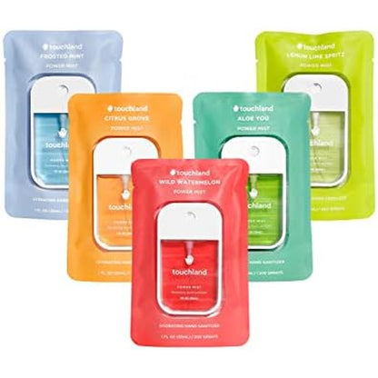 Touchland Hydrating Hand Sanitizer Spray, FRESH 5 Set (Mint, Citrus, Lemon Lime, Aloe, Watermelon), 1 FL. OZ. Travel Size Power Mist Sprays (Set of 5)