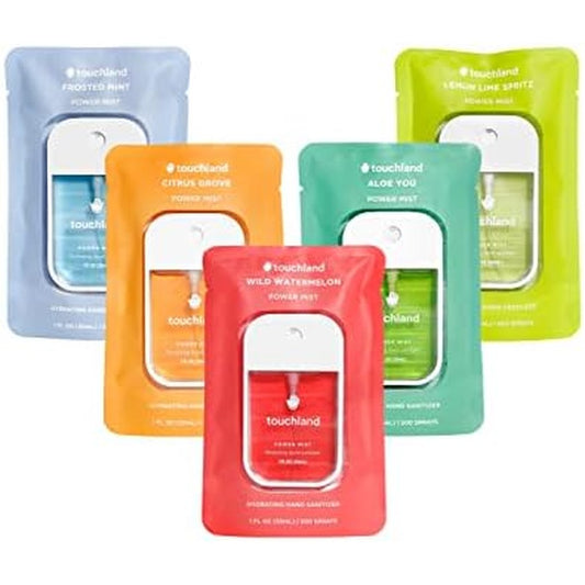 Touchland Hydrating Hand Sanitizer Spray, FRESH 5 Set (Mint, Citrus, Lemon Lime, Aloe, Watermelon), 1 FL. OZ. Travel Size Power Mist Sprays (Set of 5)