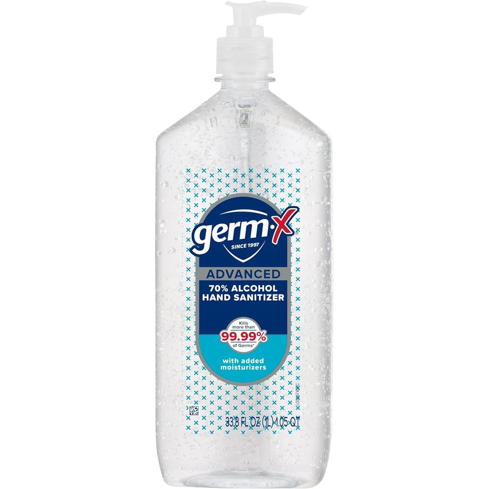 Germ-X Advanced Hand Sanitizer, 34 Fl Oz (1 Liter), Less Drying Moisturizing Clear Gel, No Rinse Formula, Large Family Size Pump Bottle