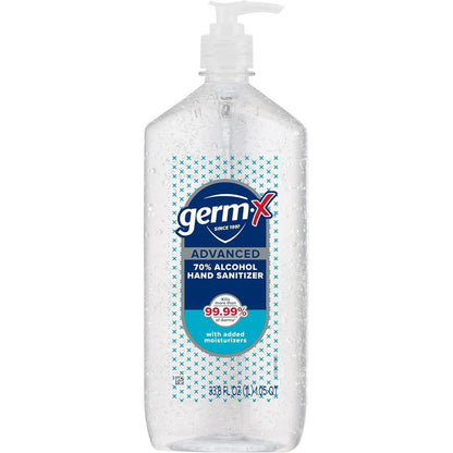 Germ-X Advanced Hand Sanitizer, 34 Fl Oz (1 Liter), Less Drying Moisturizing Clear Gel, No Rinse Formula, Large Family Size Pump Bottle