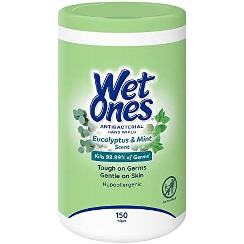 Wet Ones Antibacterial Eucalyptus & Mint Hand Wipes, Canister| Antibacterial Wipes, Hand Sanitizer Wipes, Wet Ones Wipes, Soft Textured Wipes, Lightly Scented Wipes, 150 ct. (1 pack)