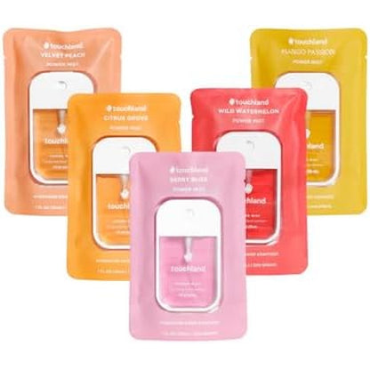 Touchland Hydrating Hand Sanitizer Spray, JUICY 5 Set (Citrus, Berry, Watermelon, Peach, Mango), 1 FL. OZ. Travel Size Power Mist Sprays (Set of 5)