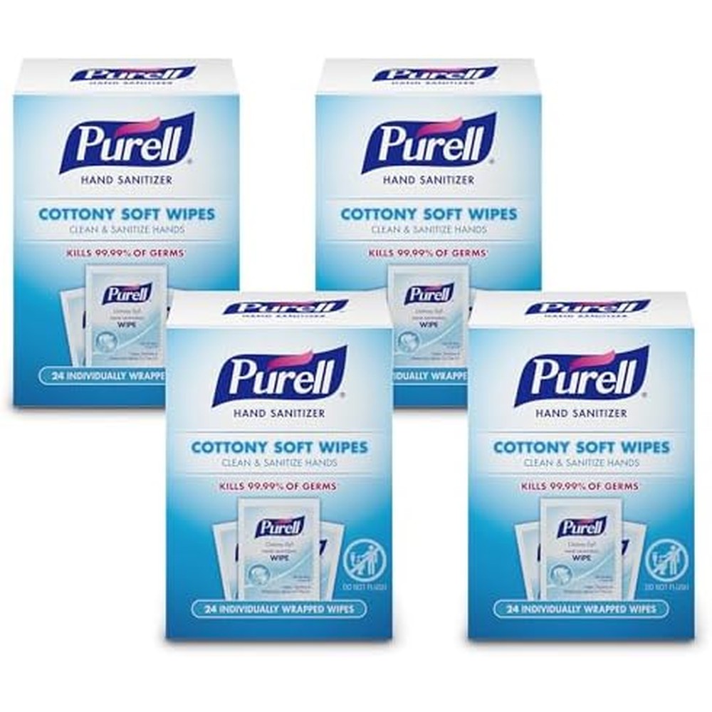 PURELL Cottony Soft Hand Sanitizing Wipes Clean Scent, 24 Individually Wrapped Wipes (Pack of 4 Boxes) - 9029-04-CMR