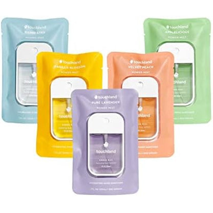 Touchland Hydrating Hand Sanitizer Spray, BLOSSOM 5 Set (Lavender, Vanilla, Rainwater, Peach, Applelicious), 1 FL. OZ. Travel Size Power Mist Sprays (Set of 5)
