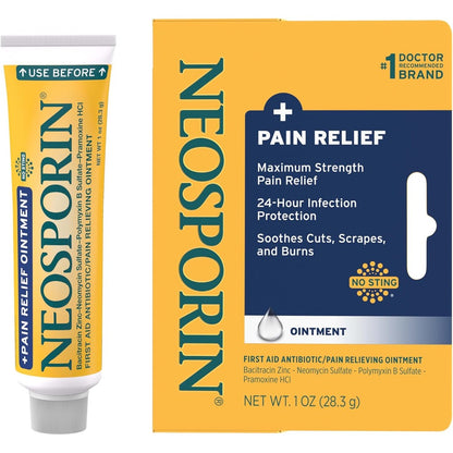 Neosporin Maximum Strength Triple Antibiotic Ointment front packaging view for first aid wound care