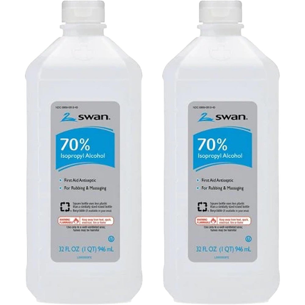 Swan 70 percent isopropyl rubbing alcohol twin pack front view for first aid antiseptic care.