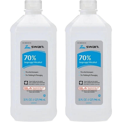 Swan 70 percent isopropyl rubbing alcohol twin pack front view for first aid antiseptic care.