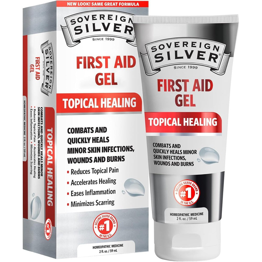 Sovereign Silver First Aid Gel front view of 2 ounce bottle with convenient pump for homeopathic wound care