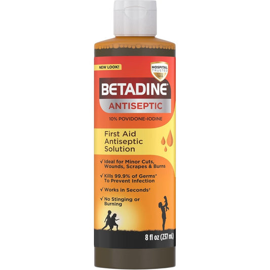 Betadine Antiseptic First Aid Solution front view bottle for infection protection