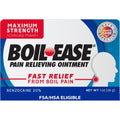 Boil Ease Maximum Strength Pain Relieving Ointment front view packaging showcasing benzocaine content